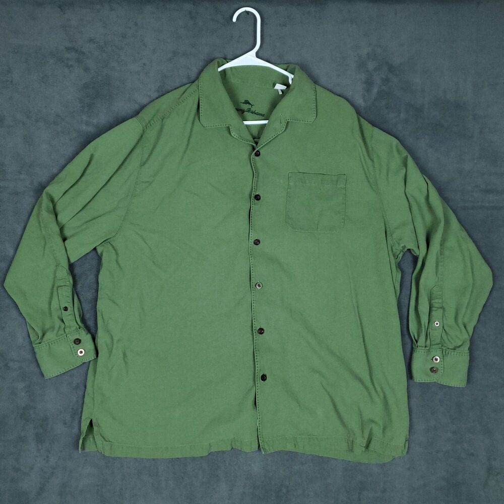 Tommy Bahama Shirt Mens 1XLB Green Silk Button Up Long Sleeve Relaxed Fit Casual